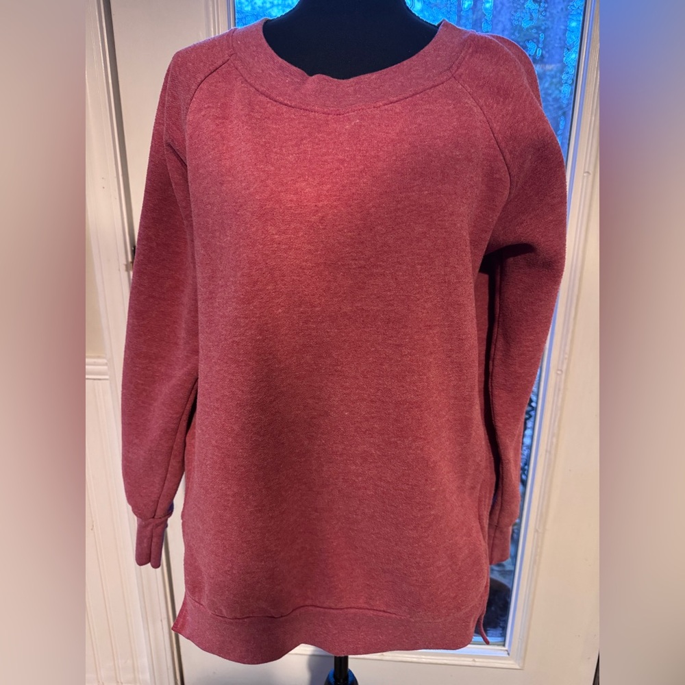 Long oversized leather cranberry color fleece sweatshirt with pockets